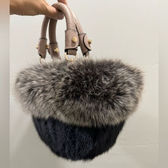 Colorblock Handmade Real Mink Fur & Fox Fur Removable leather Handles Bag - Picture 13 of 14